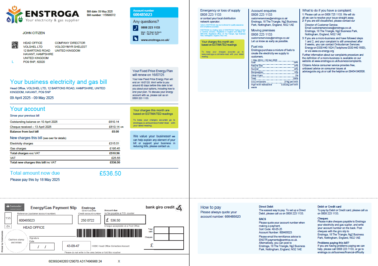 United Kingdom Enstroga utility bill template in Word and PDF formats, 2 pages